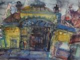 une aquarelle représentant un immeuble dans la rue