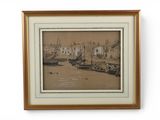 tableau encadré représentant des bateaux dans un port, avec des bâtiments en arrière-plan
