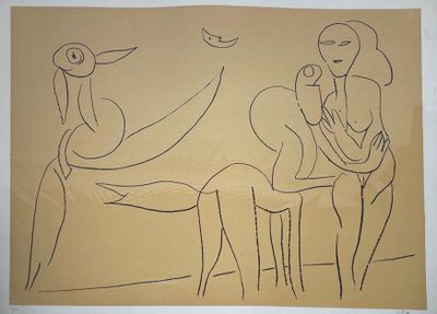 dessin représentant une femme assise sur un tabouret, tenant un oiseau dans la main