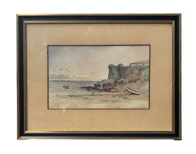 a painting of a beach scene with a boat in the water