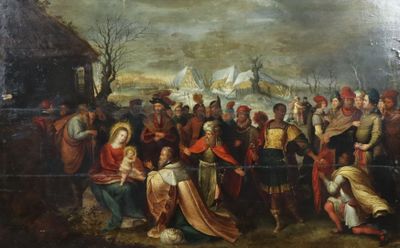 une peinture à l'huile représentant un groupe de personnes rassemblées autour d'un homme à cheval