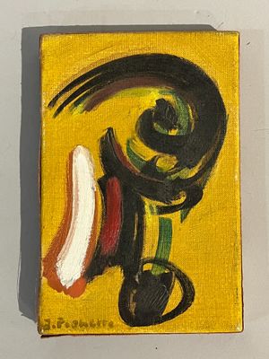 un tableau représentant un chat avec une banane sur un fond jaune