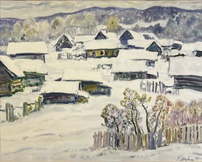 tableau représentant un village en hiver, avec de la neige au sol