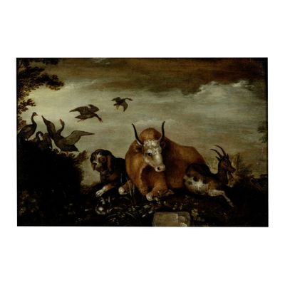 un tableau représentant une vache et d'autres animaux dans un champ