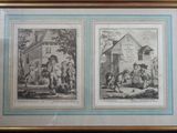 two framed pictures of children outside a house with a dog and a cat
