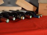 several bottles of wine are lined up on a red table cloth