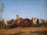a painting of a group of people riding horses