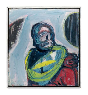 an image of a painting of a man in a yellow and green jacket