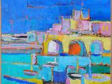 une peinture à l'huile représentant un bâtiment coloré avec un ciel bleu en arrière-plan