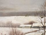 a painting of a snowy landscape with a barn in the distance