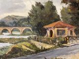 a painting of a gazebo on the side of the road