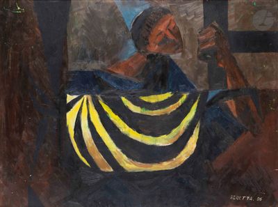 an oil painting of a man sitting in a chair with a striped blanket