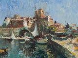 a painting of boats on the water near a bridge