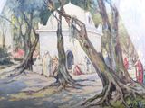 a painting of a group of people standing in front of a building
