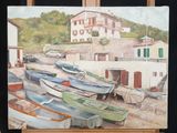 a painting of a painting of boats on a easel