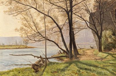 a painting of a river with trees in the foreground