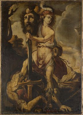 une image représentant un tableau où l'on voit un homme et une femme tenant une épée