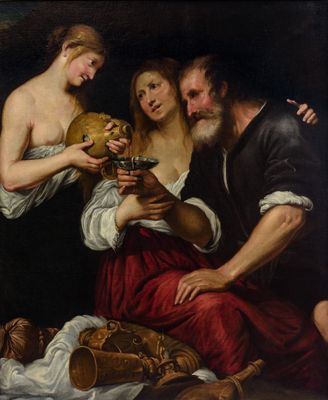 an image of a painting of a man holding a skull in front of two women