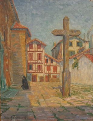 painting of a woman walking down a cobblestone street in a town