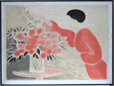a painting of a woman arranging flowers on a table