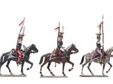 three figurines of men in uniforms riding on horses