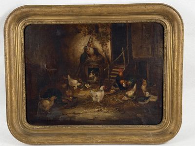 un vieux tableau représentant un homme donnant à manger à des poules dans une grange
