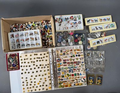a box of assorted pins and magnets on a table