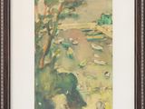 an oil painting of a landscape with trees and water
