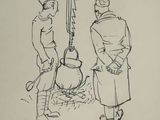 drawing of two men standing next to each other near a fire