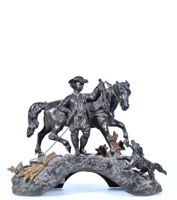 Groupe en bronze patiné représentant un berger cheval et chi…