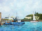 painting of a blue boat in the water near a pier