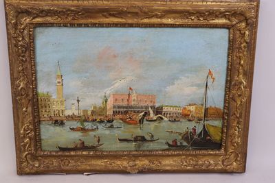 tableau représentant une vue de Venise avec des bateaux et des bâtiments en arrière-plan