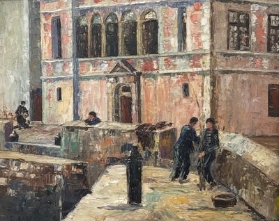 un tableau représentant des personnes marchant sur un pont près d'un immeuble
