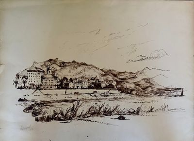 drawing of a view of a town with a mountain in the background