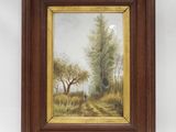 un tableau représentant un paysage avec des arbres et une personne au loin