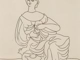 un dessin représentant une femme en robe, assise sur une chaise
