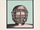 un dessin en noir et blanc représentant un casque de hockey sur fond vert
