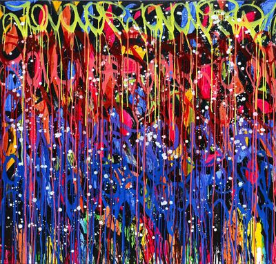 abstract painting of colorful stream of paint on a black background