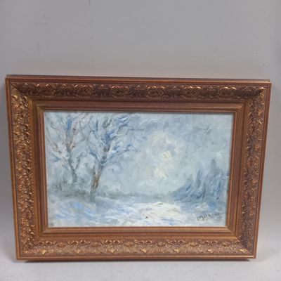 a painting of a snowy landscape with trees in the foreground
