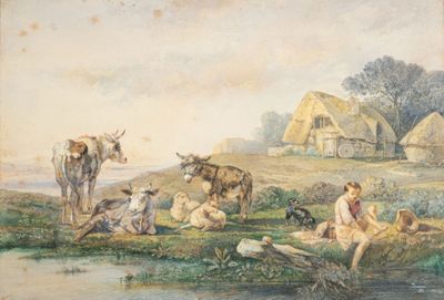 un tableau représentant un groupe de personnes et d'animaux au bord de l'eau