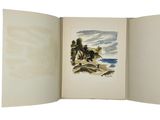 an open book with a picture of a man riding a horse on a beach