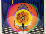 abstract painting of a flower with a green ball in the center