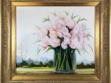 painting of pink flowers in a vase on a white background