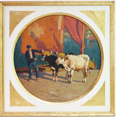 painting of a man leading two cows in a stable