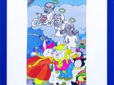 cartoon picture of a group of people on a beach with umbrellas