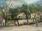 peinture représentant une peinture d'une maison et d'arbres dans un champ