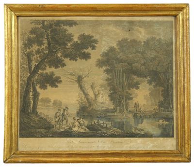 un tableau représentant une scène fluviale avec des personnages sur un pont