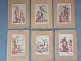 six antique engravings of a man and woman in different poses
