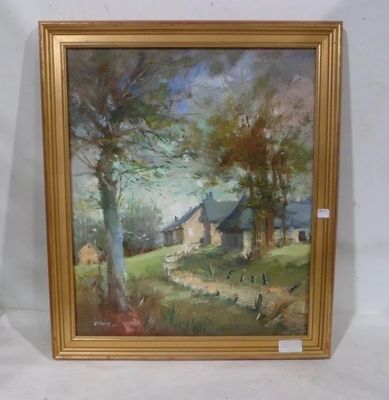 an oil painting of a farm scene with a barn in the background