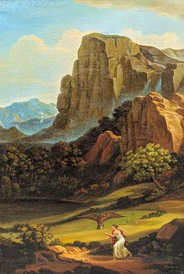 tableau représentant un homme et une femme dans un paysage montagneux, avec une montagne en arrière-plan
